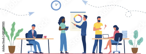 Team brainstorming session with presentation and plants