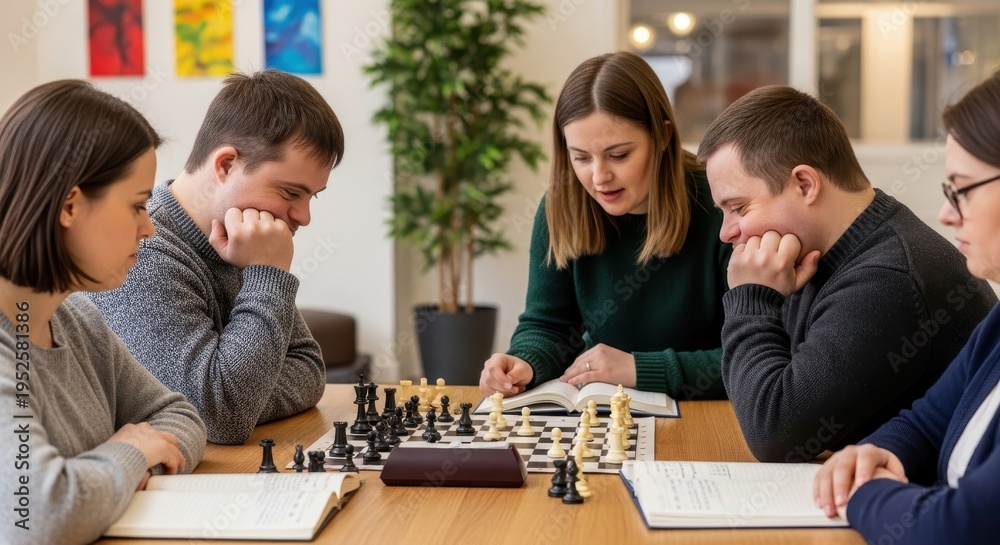 Fototapeta premium a group of people sitting around a table with a chess board group of people people sitting table wit