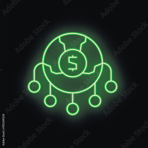 Green neon icon of a decentralized finance system using blockchain technology to process transactions