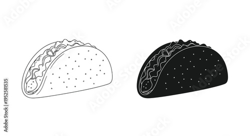 A minimalist black and white illustration depicts two tacos one outlined and one filled showcasing a simple food design