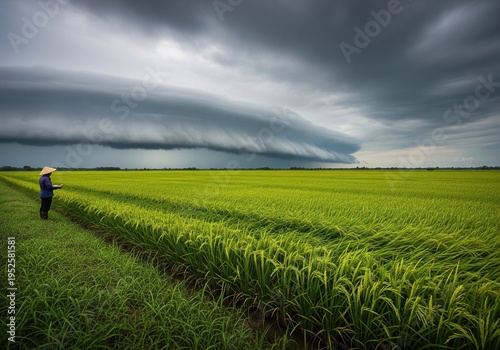 Farmer in a rice field looks at a dramatic storm approaching under a dark, cloudy sky