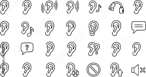 Ear and Hearing Outline Icons Set. Black and White Line Art Collection of Human Ear, Listening, Sound, Volume, Communication, and Medical Hearing Aid Symbols.