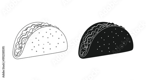 A minimalist black and white illustration depicts two tacos side by side showcasing different shading techniques high quality professional detailed modern elegant stylish