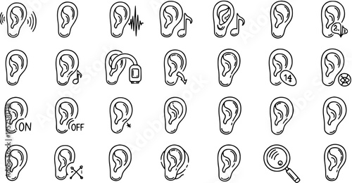 Medical Audiology and Hearing Line Art Icons Set. Outline Ear Symbols with Sound, Music, and Hearing Aid Concepts.