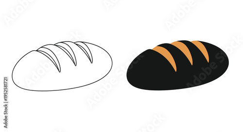 A minimalist illustration depicts two loaves of bread one in black outline and the other in dark silhouette with orange accents