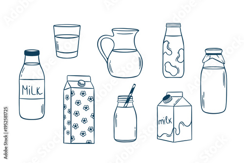 Large vector set of milk, milk bottles, milk cartons and jug in simple doodle sketch style with Mediterranean blue line. Hand-drawn dairy collection for cafes or organic branding