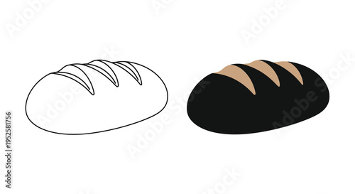 This image displays two depictions of a loaf of bread one as a black and white outline and the other shaded