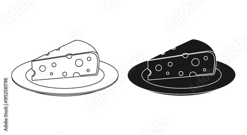 A black and white illustration depicts two slices of swiss cheese on plates showcasing varying shading styles high quality professional detailed