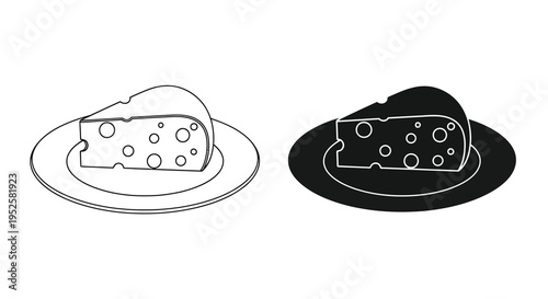 A minimalist black and white illustration depicts two servings of swiss cheese on plates showcasing different shading high quality professional detailed