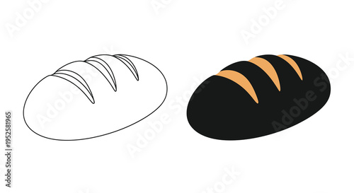 A minimalist illustration depicts two loaves of bread one outlined in white and the other solid black with orange slashes