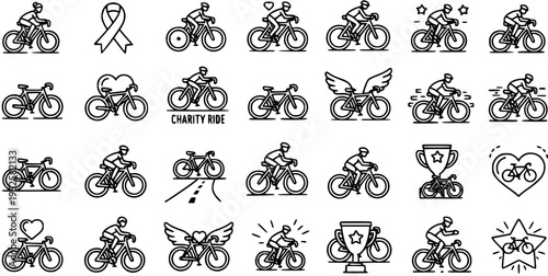 Black  White Line Art Cycling Icons Set. Outline Bicycle and Cyclist Vector Symbols for Sports, Charity, Fitness, Recreation, and Race.