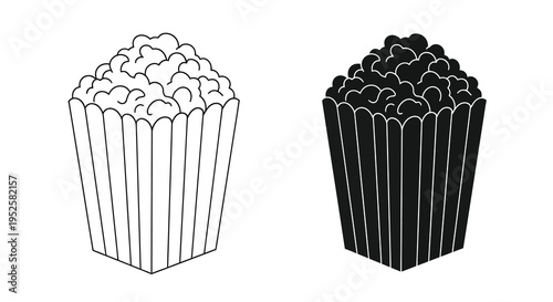 A simple black and white illustration depicts two overflowing containers filled with fluffy popcorn kernels side by side high quality professional