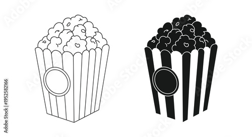 Two contrasting black and white illustrations depict overflowing containers of popcorn showcasing a simple graphic style high quality professional detailed modern
