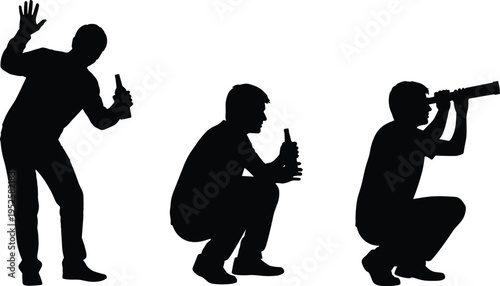 Silhouettes of men drinking beer, crouching, and using binoculars representing concepts of celebration, observation, curiosity, partying, and surveillance on white. (20 words)