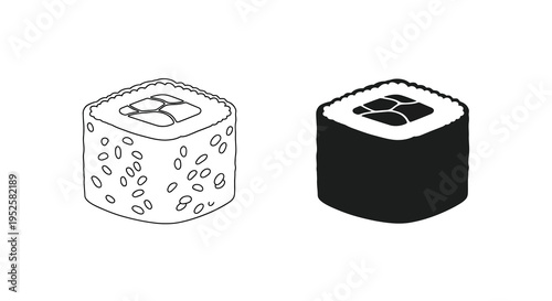 A simple black and white illustration depicts two pieces of sushi showcasing traditional maki roll variations high quality professional
