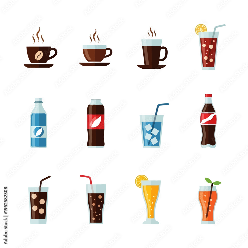 Fototapeta premium Hot Coffee and Cold Drinks Icons Set: Espresso, Soda, Juice, Water, Cola