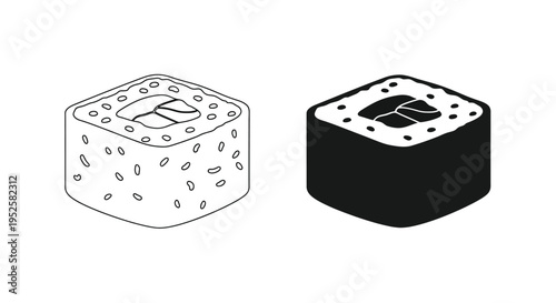 A simple illustration depicts two sushi rolls one outlined in white and one solid black showcasing a minimalist design
