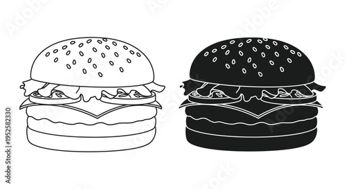 A graphic illustration presents two variations of a classic cheeseburger one light and one dark high quality professional detailed