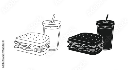 A simple black and white illustration displays two sandwiches alongside paired drinks showcasing lunch or snack options high quality professional detailed