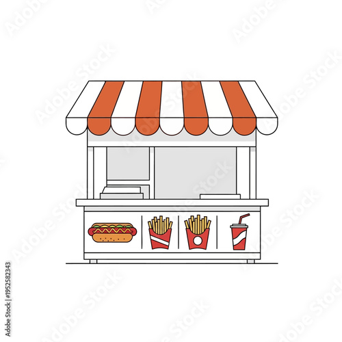Street Food Stall with Hot Dog, Fries, and Drink - Vector Illustration