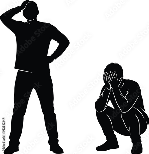 Silhouette of two men expressing deep despair and failure, one standing in frustration while the other crouches in mental grief.