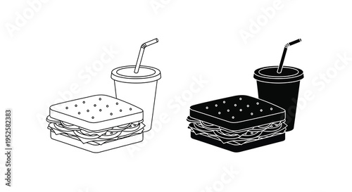 A minimalist illustration showcases two arrangements of a sandwich drink and side depicted in monochrome high quality professional detailed