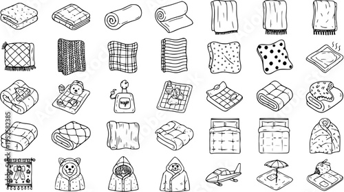 Cozy Home Textiles Line Art Icons: Set of Black  White Hand-Drawn Illustrations Featuring Blankets, Quilts, Throws, Duvets, Towels, and Bedroom Comfort.
