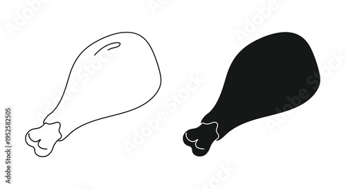 A stark black and white illustration depicts two chicken drumsticks one outlined and one solid high quality professional detailed modern elegant