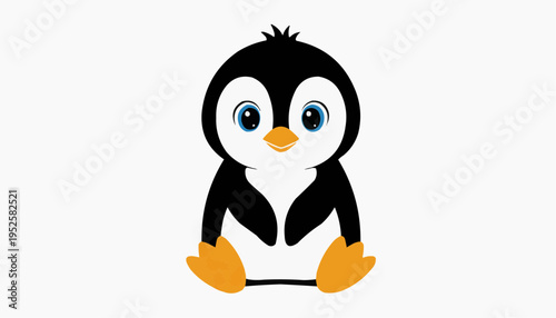 Cartoon penguin illustration with black body white belly orange feet beak and cute blue eyes