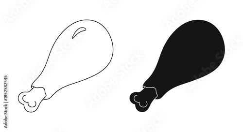 A simple black and white illustration depicts two chicken drumsticks one outlined and one solid high quality professional detailed modern elegant