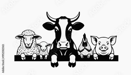 Farm animal illustration with sheep cow chicken and pigs peeking over fence in playful style