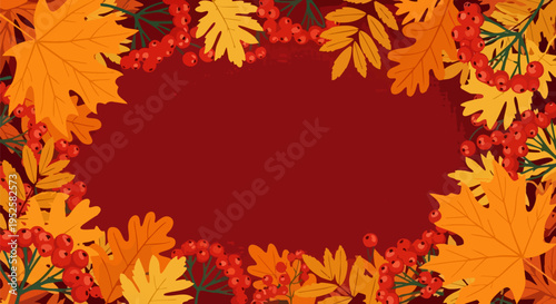 Autumn Fall Season Background Vector with Vibrant Orange and Yellow Maple Leaves and Red Rowan Berries on a Dark Red Backdrop, Perfect for Seasonal Promotions and Designs