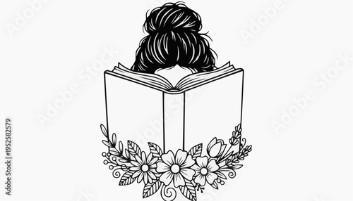 Woman reading book illustration with bun hairstyle and floral decorative arrangement below