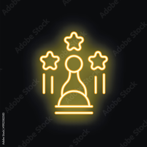 Neon glowing yellow icon of a businessman celebrating success with falling stars