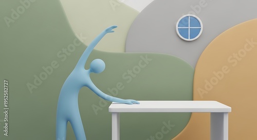 Blue mannequin figure stretching at a white desk against an abstract background.