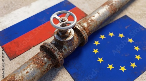 Rusty pipeline valve on European and Russian flags symbolizing energy politics