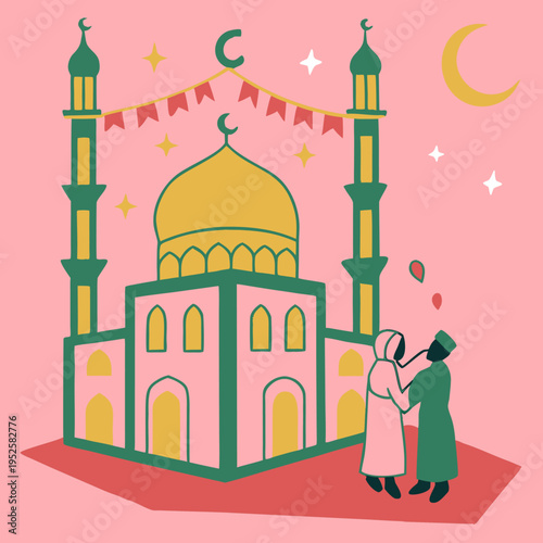 A colorful illustration of a mosque with a couple standing in front of it on a festive occasion