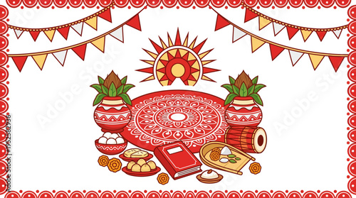 Bengali New Year celebration with Alpona, Kalash, Hal Khata, and sweets illustration.