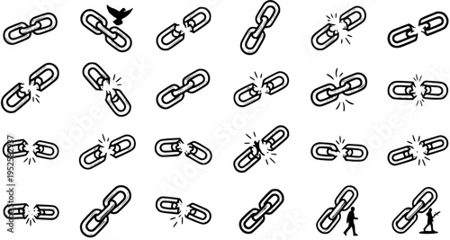 Hand-drawn Line Art Icons of Chain and Broken Link for Abstract Concepts of Strength, Weakness, and Freedom