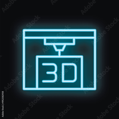 Blue neon icon of a 3d printer creating a three dimensional object, representing modern manufacturing technology