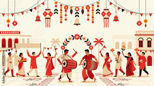 Traditional Indian street festival illustration with people playing drums and festive decorations.