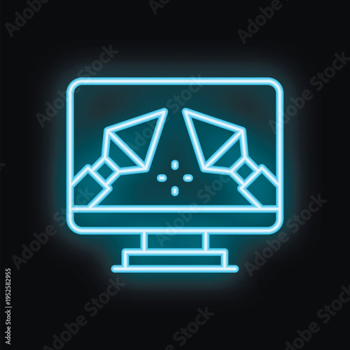 Blue neon icon of 3d modeling software interface with two cameras focusing on object on black background