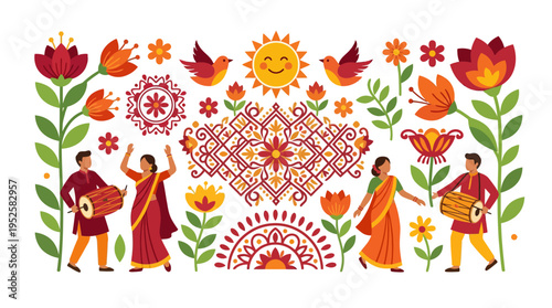 Traditional Indian folk festival illustration with people dancing, dhol drums, and floral ornaments.