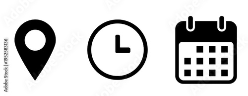 date time location notification icon set. Address, time, calendar bell notification icons collection. Clock, Address location and date Calendar symbol