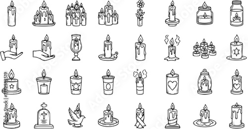 Black and White Line Art Icons of Various Candles and Memorials