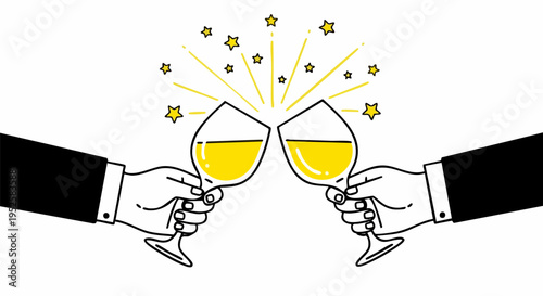 Two hands in black suits toasting with yellow wine glasses, celebrating success with sparkling stars, vector illustration for party, event, or achievement