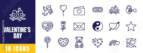 Valentines Day Line Icon Set — Cupid, Rose, Heart Lock, Envelope, Yin Yang, Lollipop Outline Vector