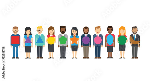 A diverse group of eleven cartoon people, including men and women, stand in a line holding various colorful geometric and irregular shapes.