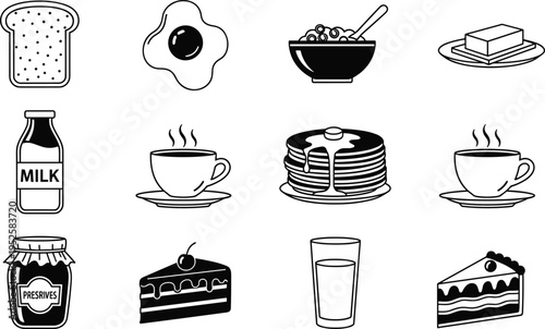 Breakfast food icon set with bread egg coffee pancakes milk jam cake vector illustration isolated morning meal symbols