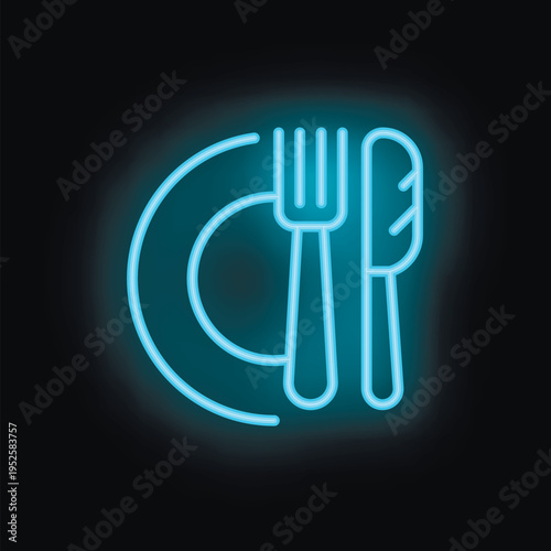 Blue neon sign illustrating a fork and knife resting on a plate, perfect for representing restaurants and dining